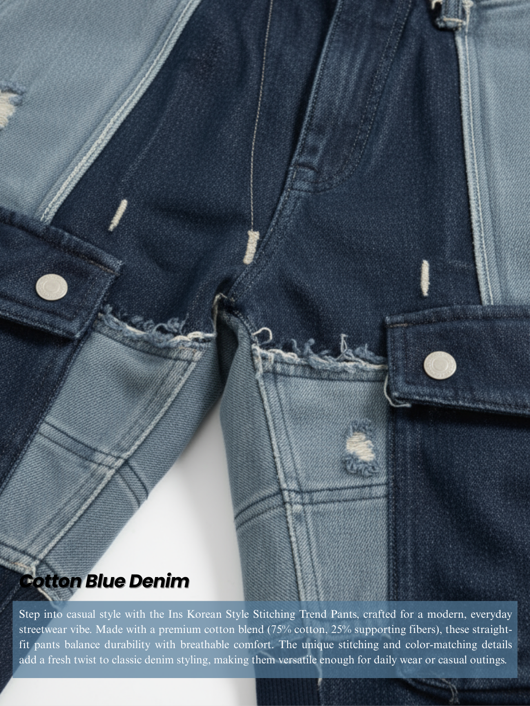 Ins Korean Style Stitching Trend Pants | Cotton Blue Denim - VoxStella